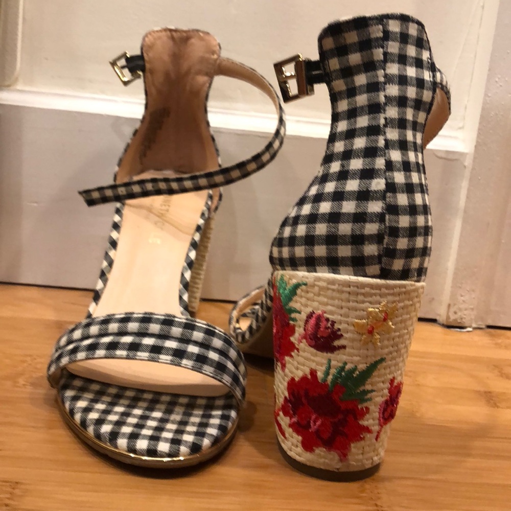 cute plaid embroidered woven heels